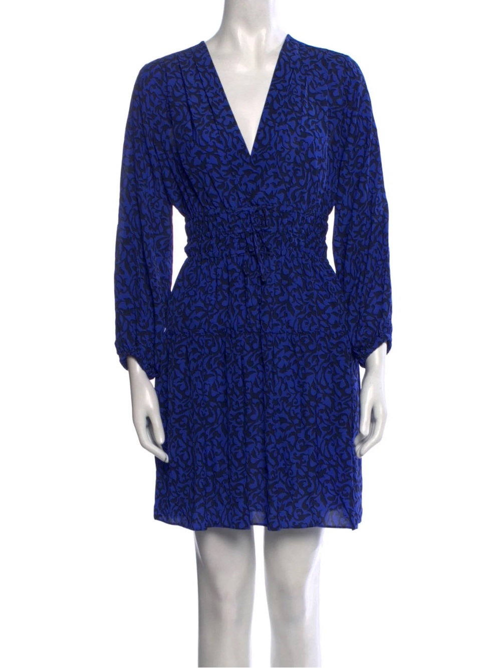 Derek Lam Blue and Black Printed V-Neck Mini Dress - Picture 3 of 11